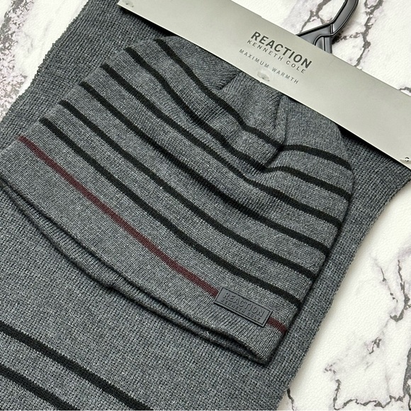 Reaction Kenneth Cole KC Mens Gift Set Winter Scarf Uncuffed Beanie Hat Charcoal - Picture 3 of 14
